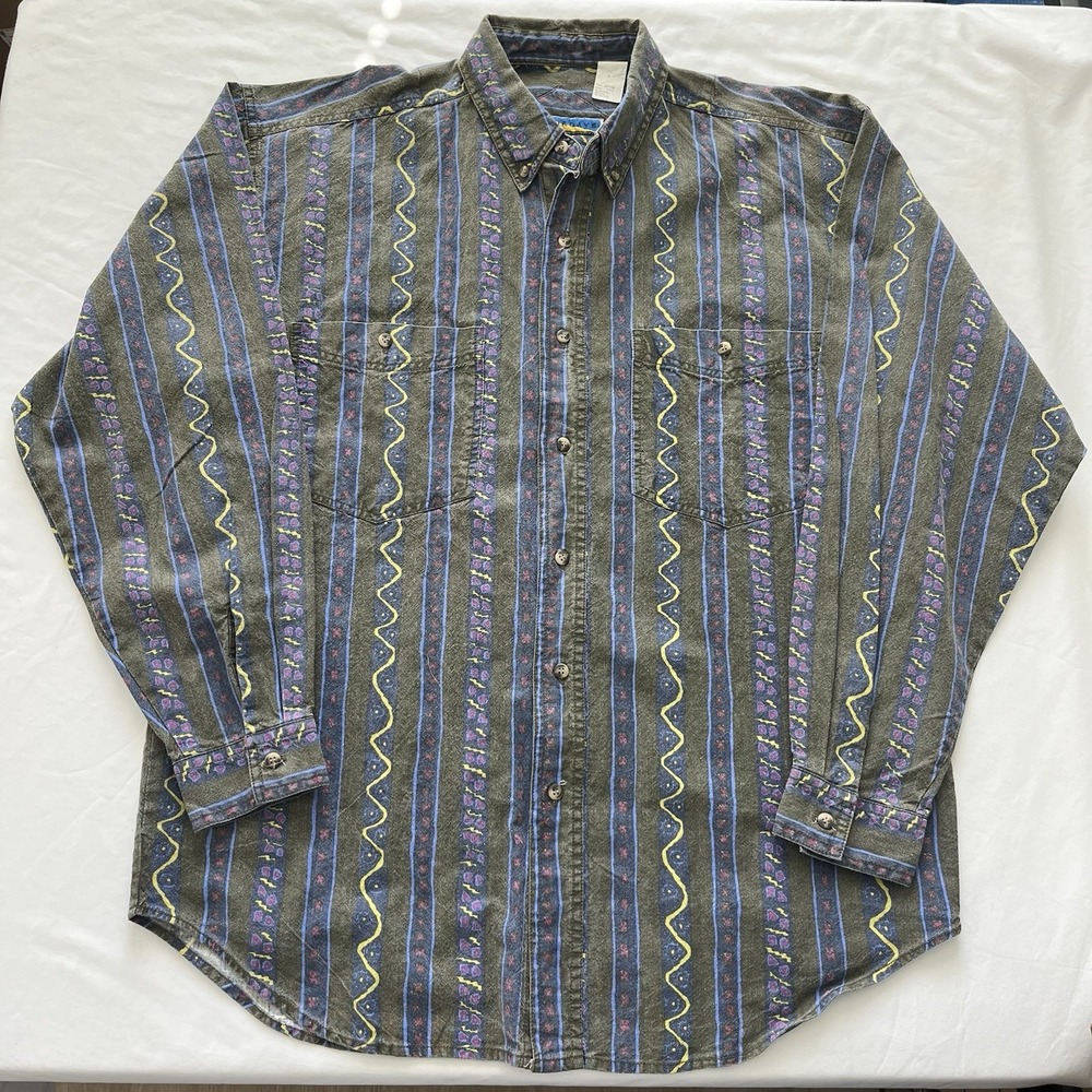 Aztec Striped Button Down Shirt Long Sleeve Men's Large Cowboy Western